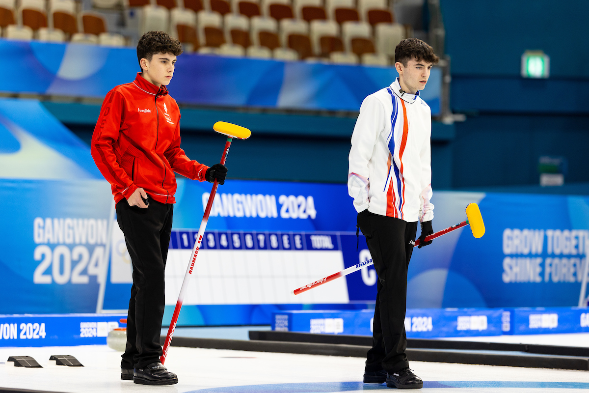 Jacob Schmidt and Logan Carson in the Youth Olympic final © World Curling / Howard Lao