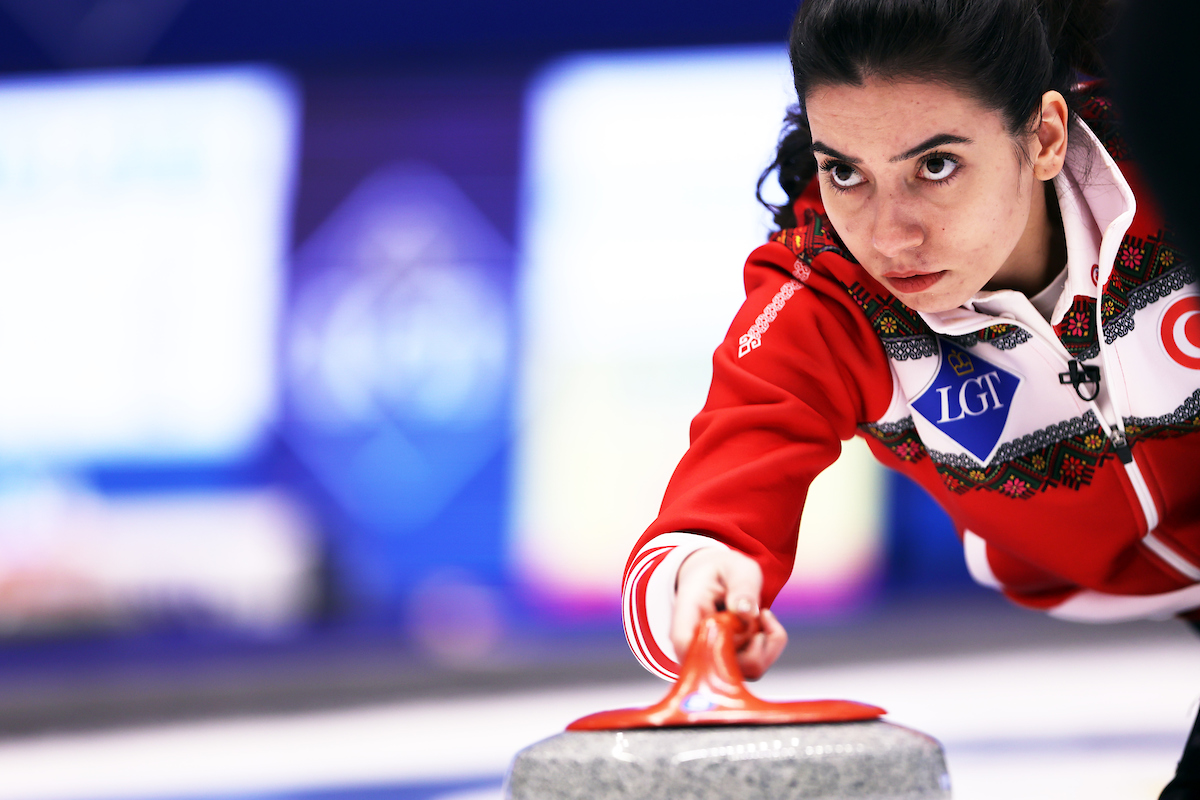 Türkiye's Dilsat Yildiz at the LGT World Women's Curling Championship 2023 © World Curling / Stephen Fisher